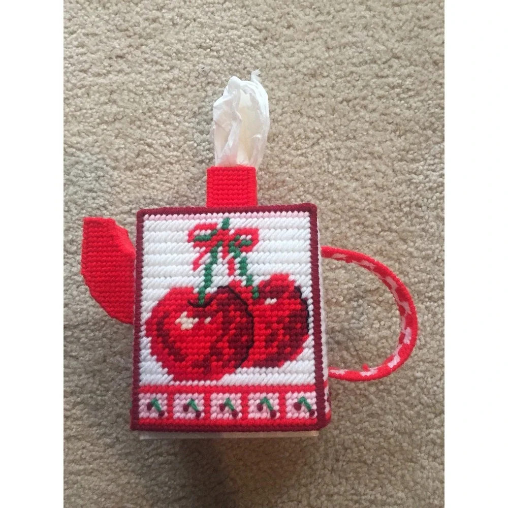 Handmade Plastic Canvas Tissue Box Cover Cherry Teapot Needlepoint Vintage Style